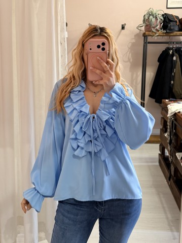 Blusa camicetta scollo con laccino e ruches azzurra