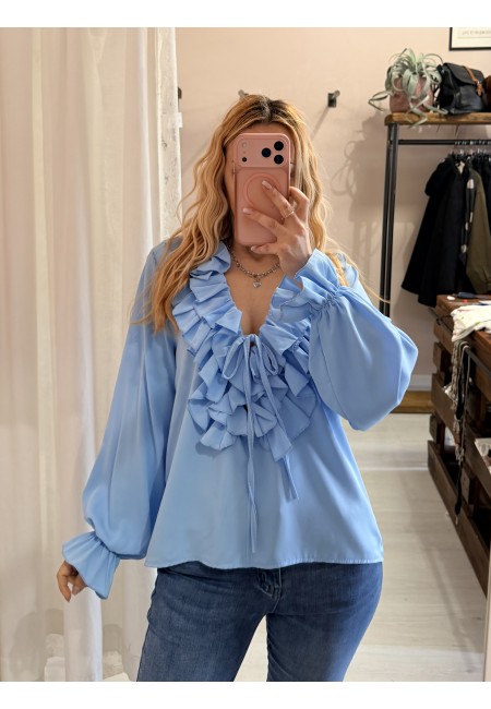 Blusa camicetta scollo con laccino e ruches azzurra