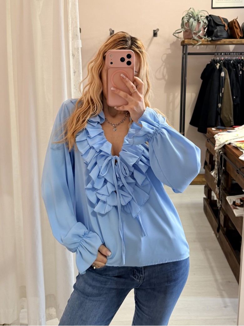 Blusa camicetta scollo con laccino e ruches...
