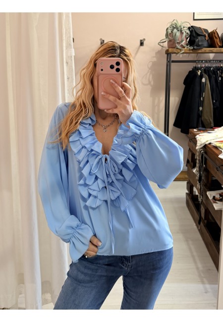 Blusa camicetta scollo con laccino e ruches azzurra