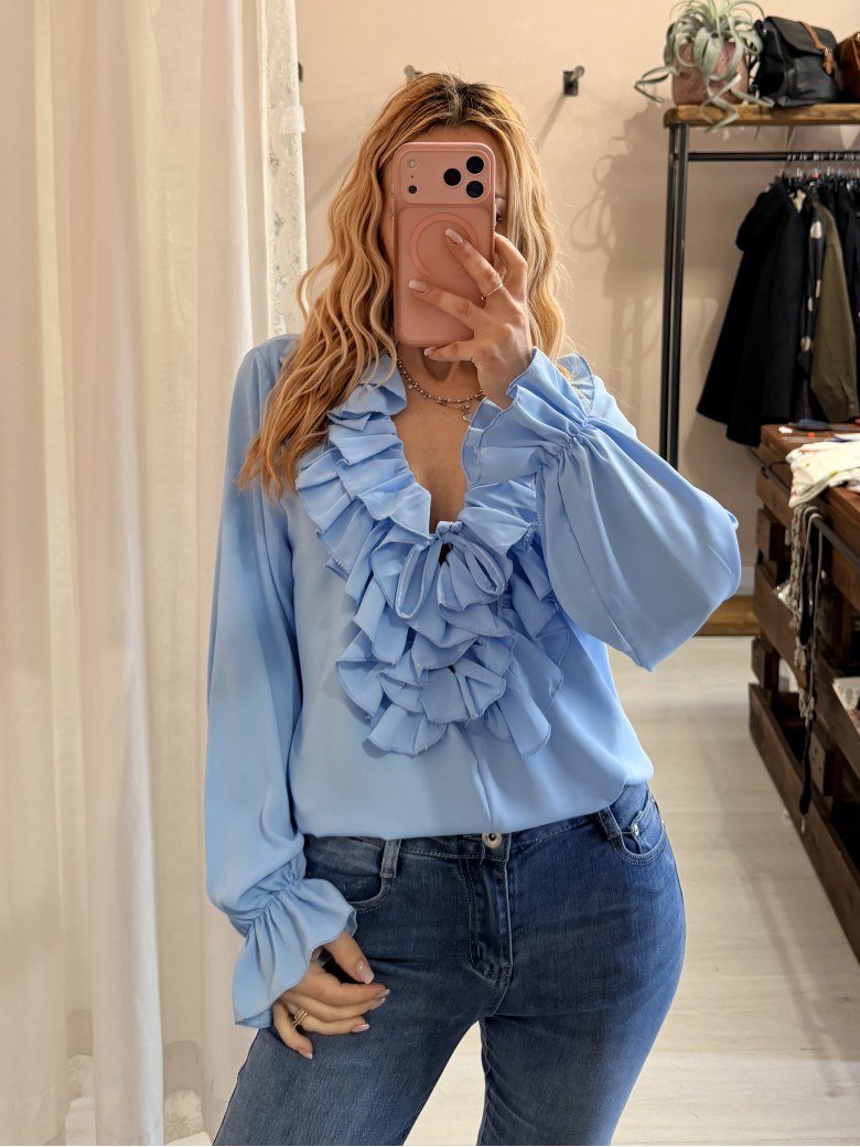Blusa camicetta scollo con laccino e ruches...