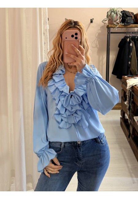 Blusa camicetta scollo con laccino e ruches azzurra