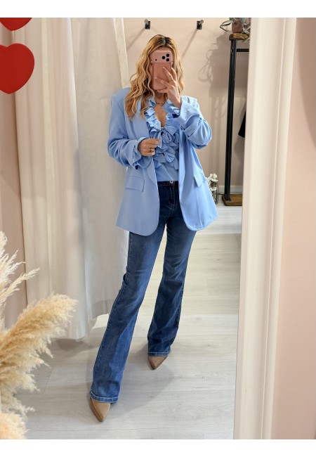 Blusa camicetta scollo con laccino e ruches azzurra