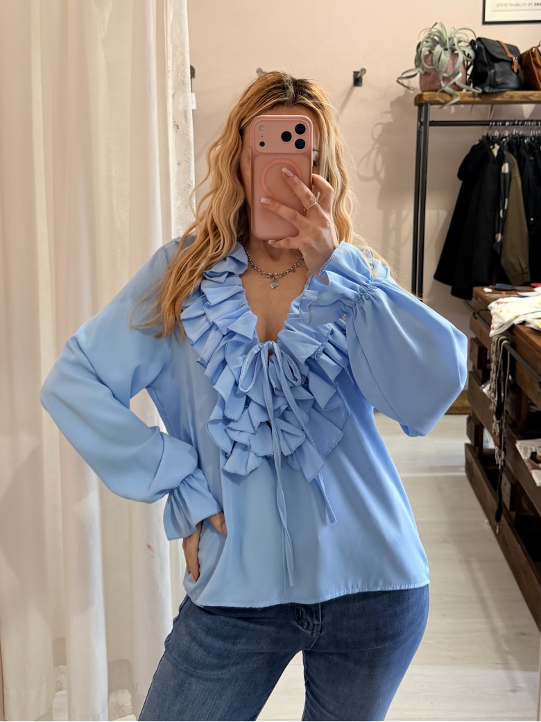 Blusa camicetta scollo con laccino e ruches...