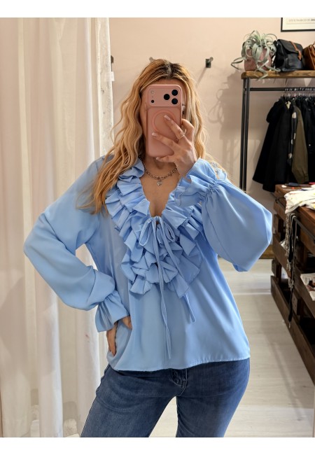 Blusa camicetta scollo con laccino e ruches azzurra