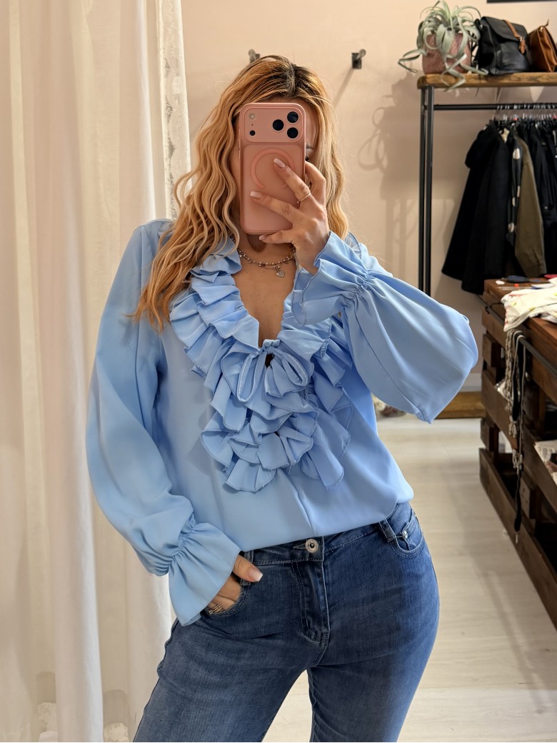 Blusa camicetta scollo con laccino e ruches...