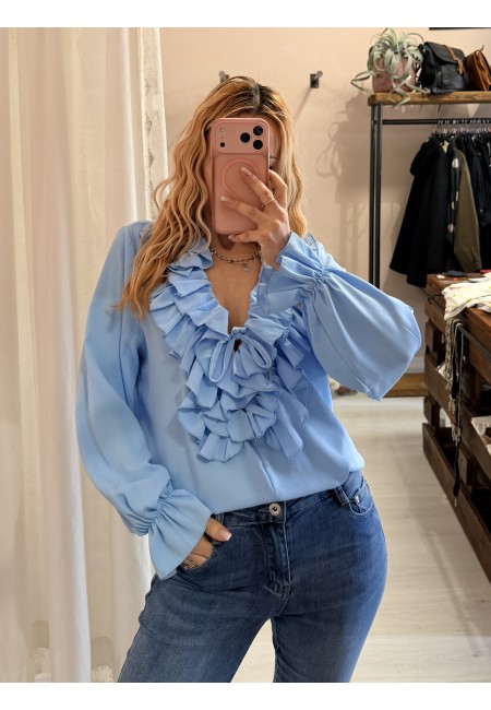 Blusa camicetta scollo con laccino e ruches azzurra