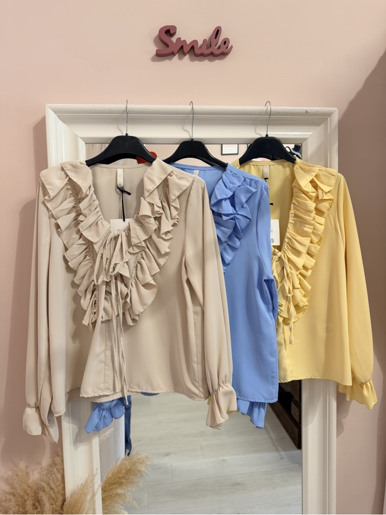 Blusa camicetta scollo con laccino e ruches...