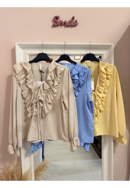 Blusa camicetta scollo con laccino e ruches azzurra