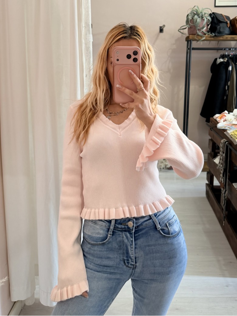 Maglioncino fru fru scollo a v rosa