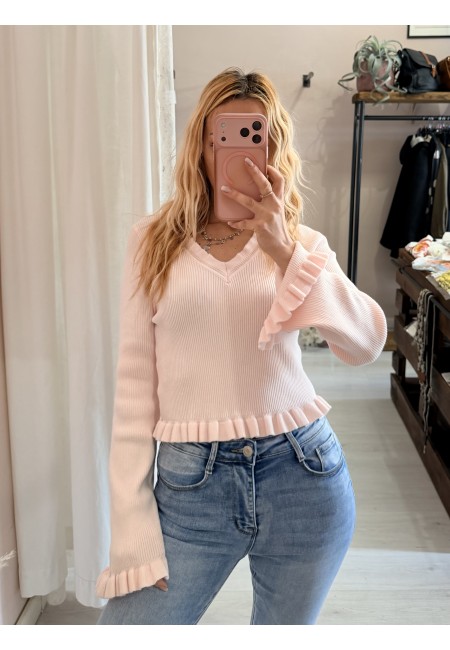 Maglioncino fru fru scollo a v rosa