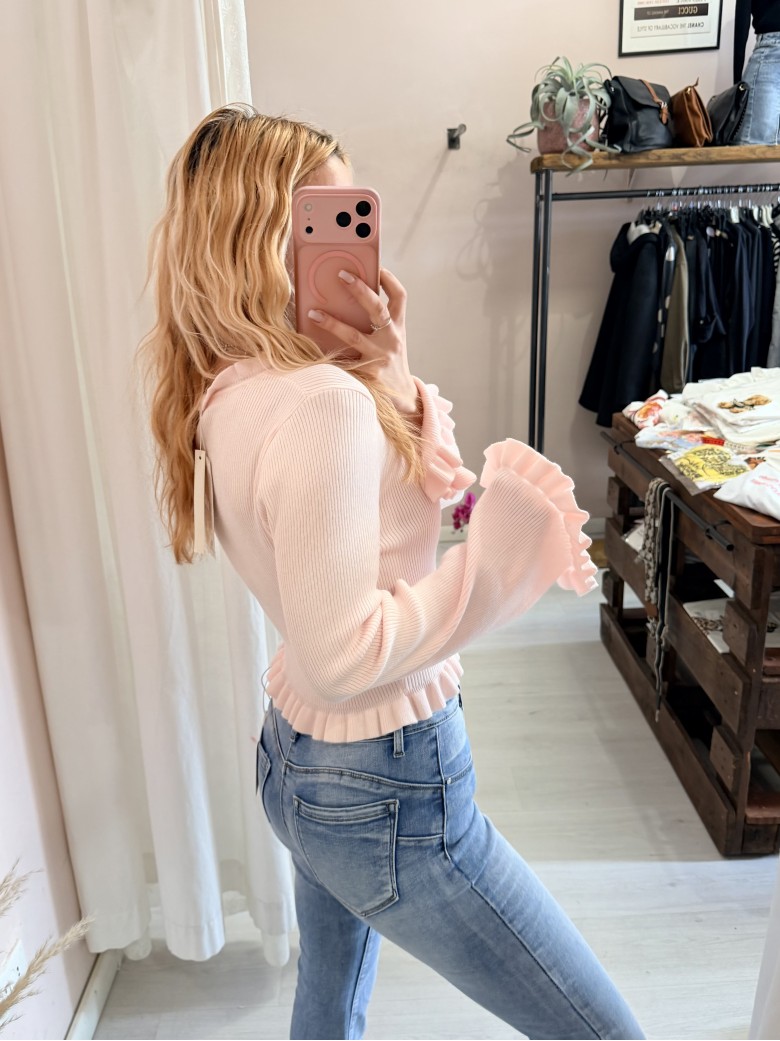Maglioncino fru fru scollo a v rosa