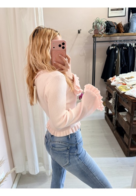 Maglioncino fru fru scollo a v rosa