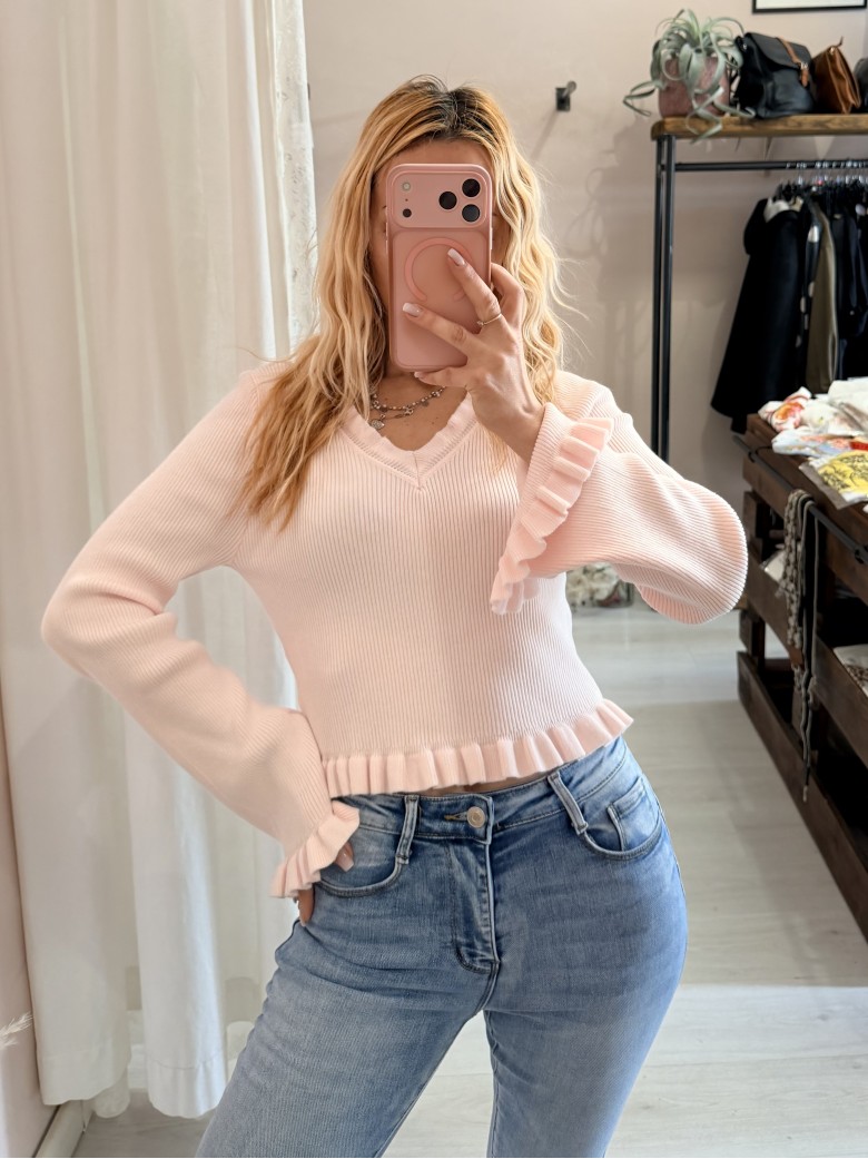 Maglioncino fru fru scollo a v rosa