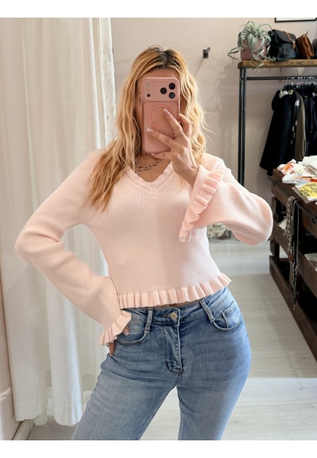 Maglioncino fru fru scollo a v rosa