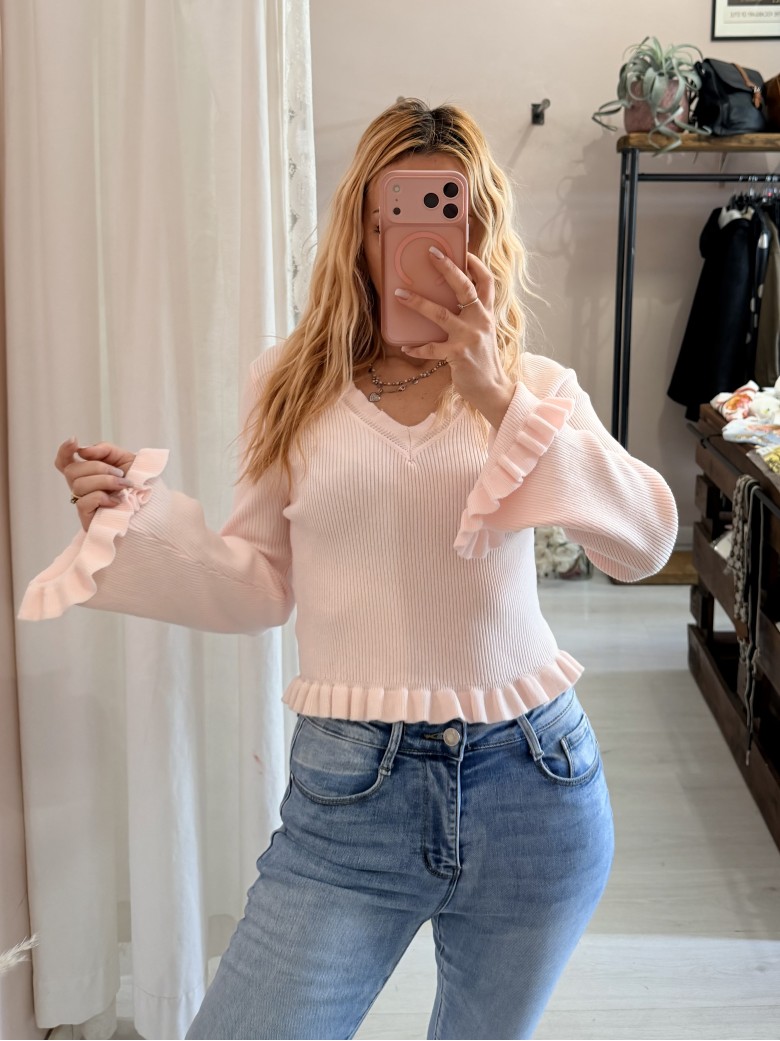 Maglioncino fru fru scollo a v rosa