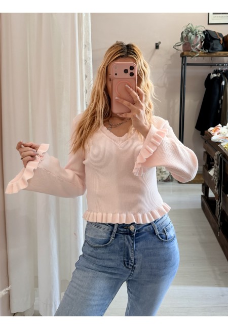 Maglioncino fru fru scollo a v rosa