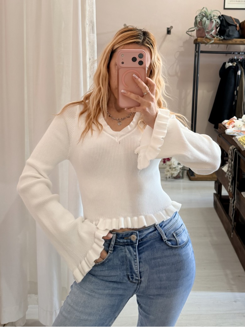 Maglioncino fru fru scollo a v bianco