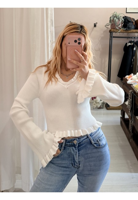 Maglioncino fru fru scollo a v bianco