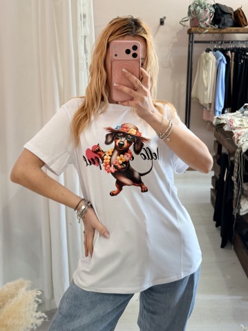 Maglia t shirt BASSOTTO cappello di paglia hello