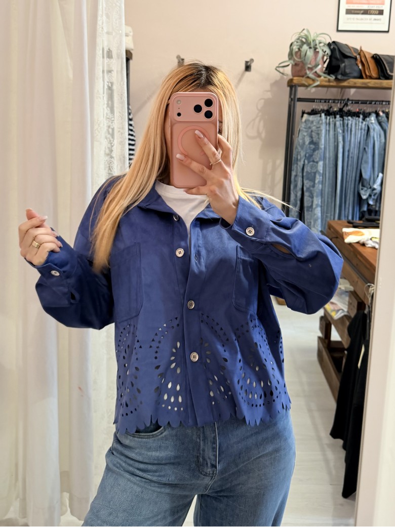 Giacchina camoscino ricamata blu