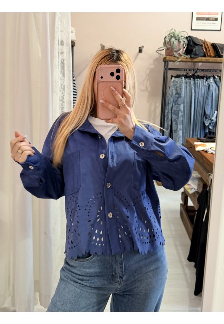 Giacchina camoscino ricamata blu