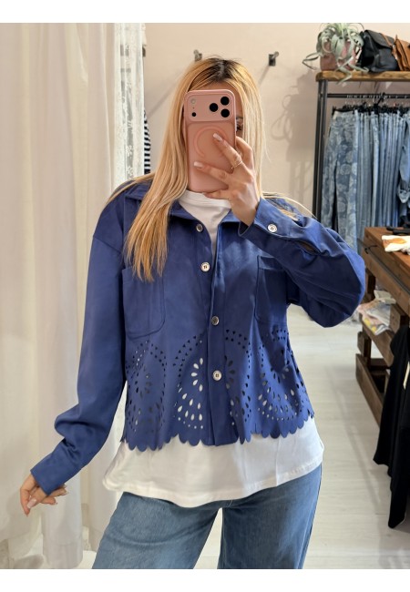 Giacchina camoscino ricamata blu