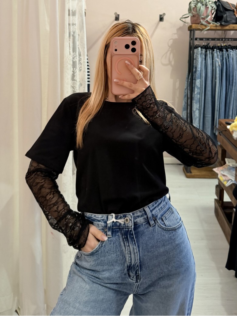 Maglia t shirt maniche PIZZO nera