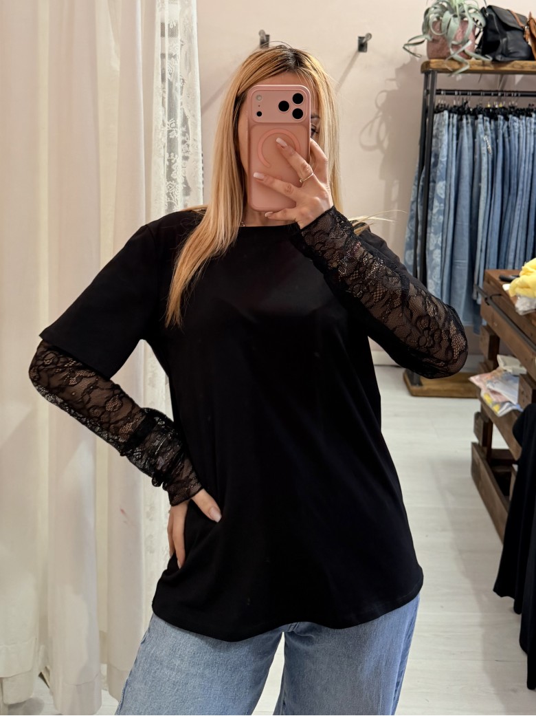 Maglia t shirt maniche PIZZO nera