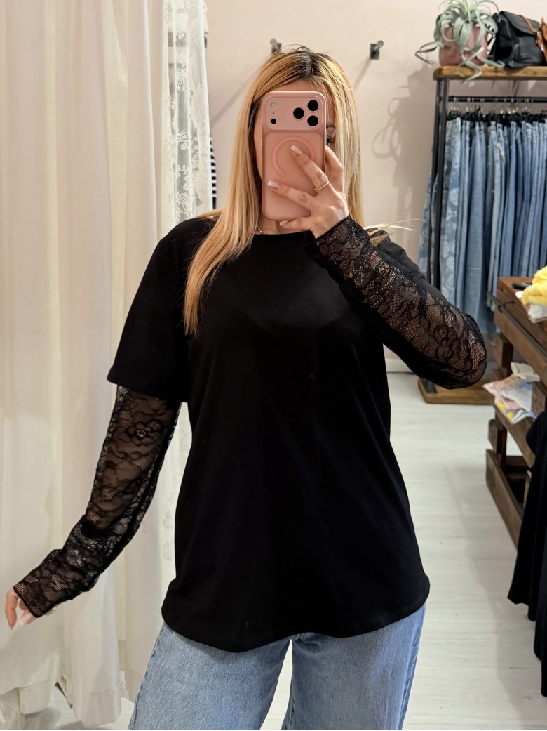 Maglia t shirt maniche PIZZO nera