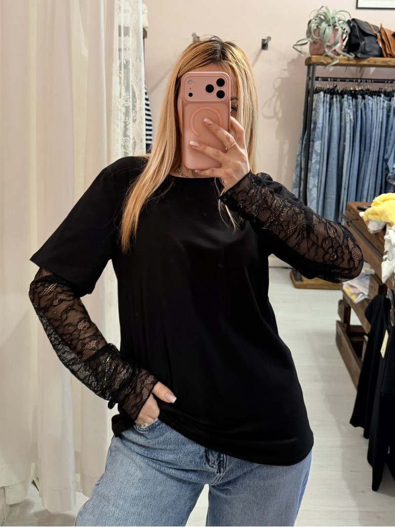 Maglia t shirt maniche PIZZO nera