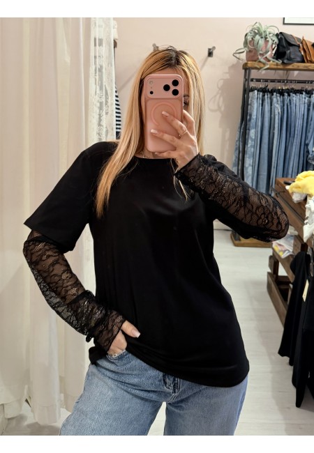 Maglia t shirt maniche PIZZO nera