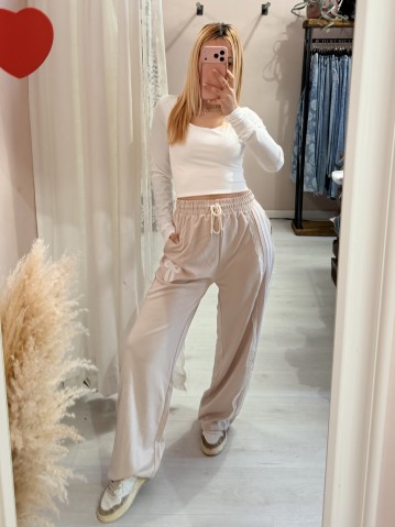 Pantaloni tuta con rigo in pizzo BEIGE