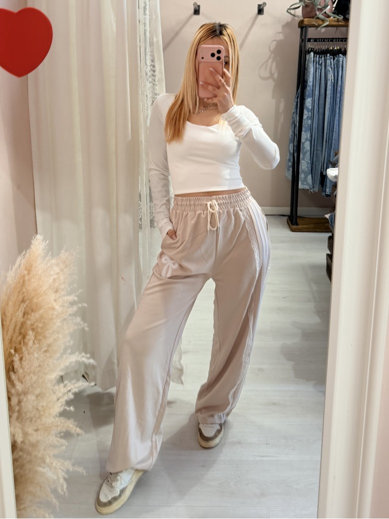 Pantaloni tuta con rigo in pizzo BEIGE