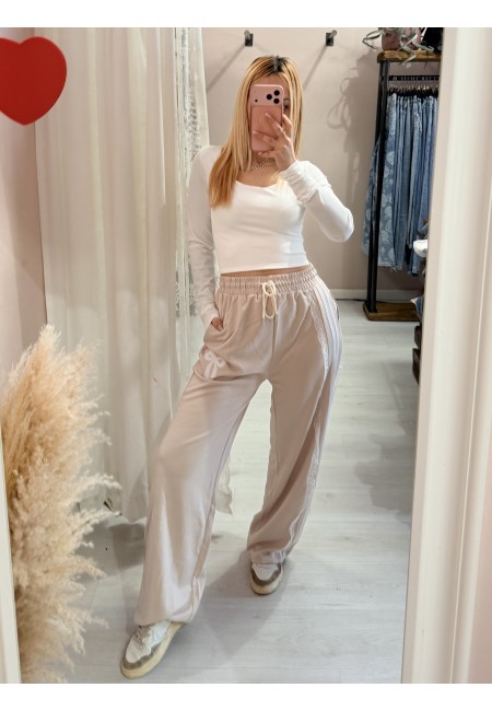 Pantaloni tuta con rigo in pizzo BEIGE