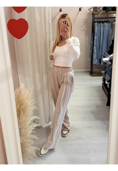 Pantaloni tuta con rigo in pizzo BEIGE