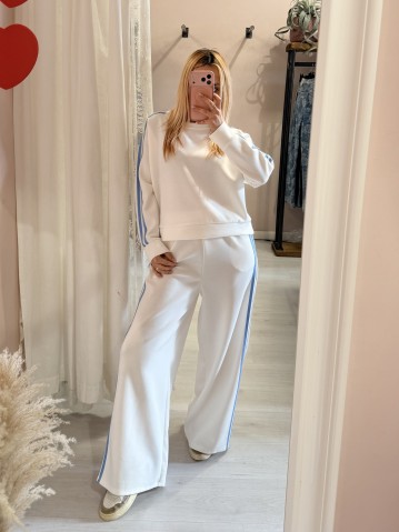 Felpa e pantaloni tuta righe laterali bianca