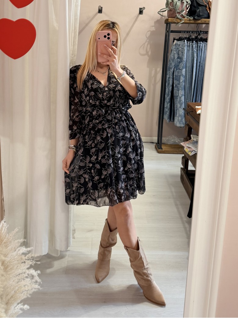 Vestito floreale scollo a v incrocato nero