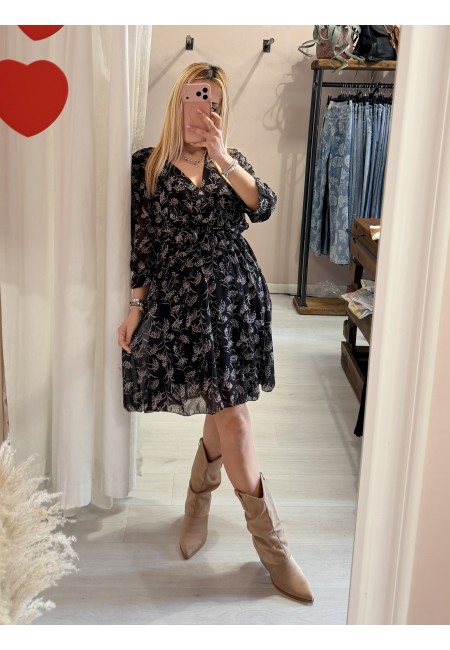 Vestito floreale scollo a v incrocato nero