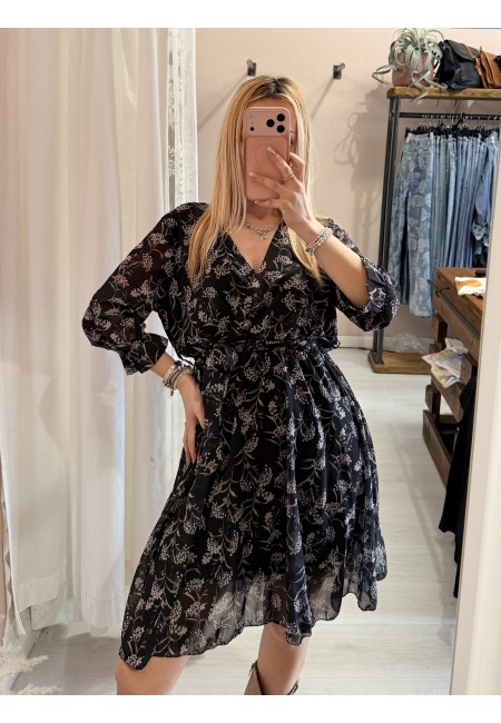 Vestito floreale scollo a v incrocato nero