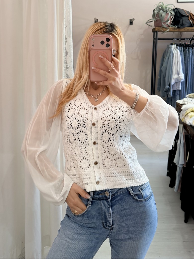 Maglia crochet maniche velate bianca