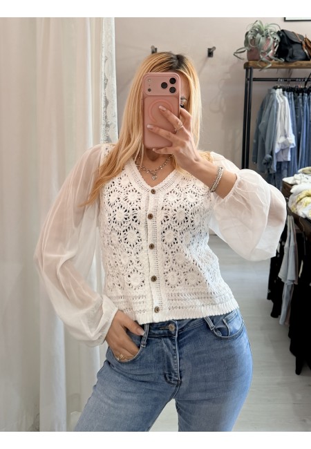 Maglia crochet maniche velate bianca