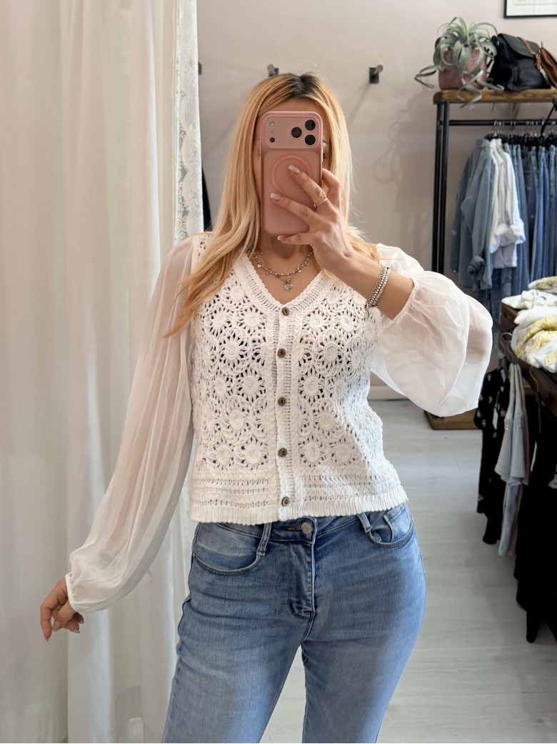 Maglia crochet maniche velate bianca