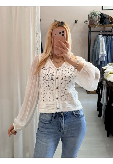 Maglia crochet maniche velate bianca