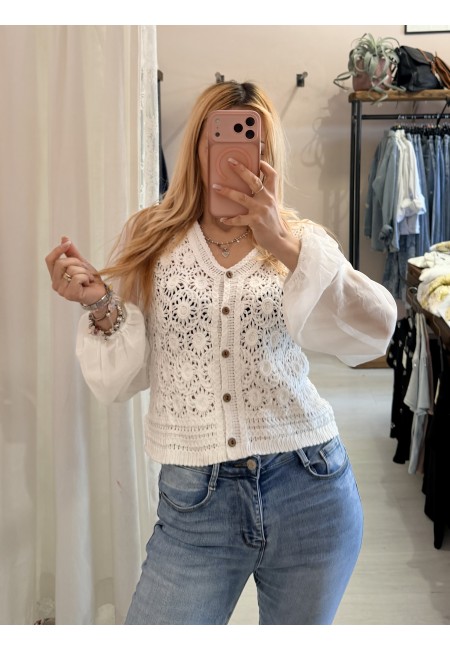 Maglia crochet maniche velate bianca
