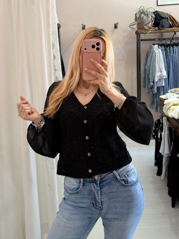 Maglia crochet maniche velate nera