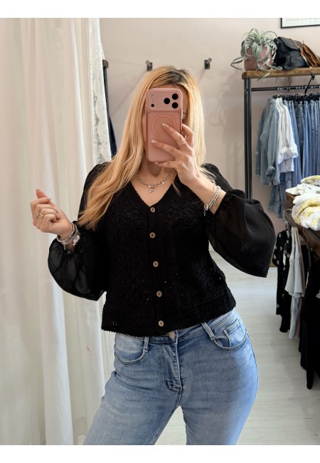 Maglia crochet maniche velate nera