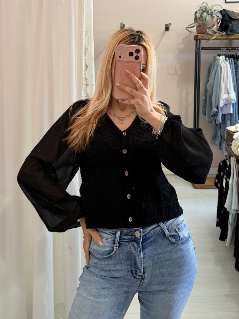 Maglia crochet maniche velate nera