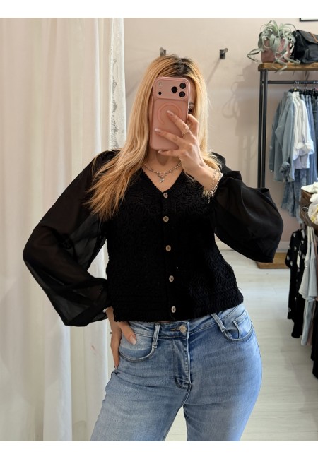 Maglia crochet maniche velate nera