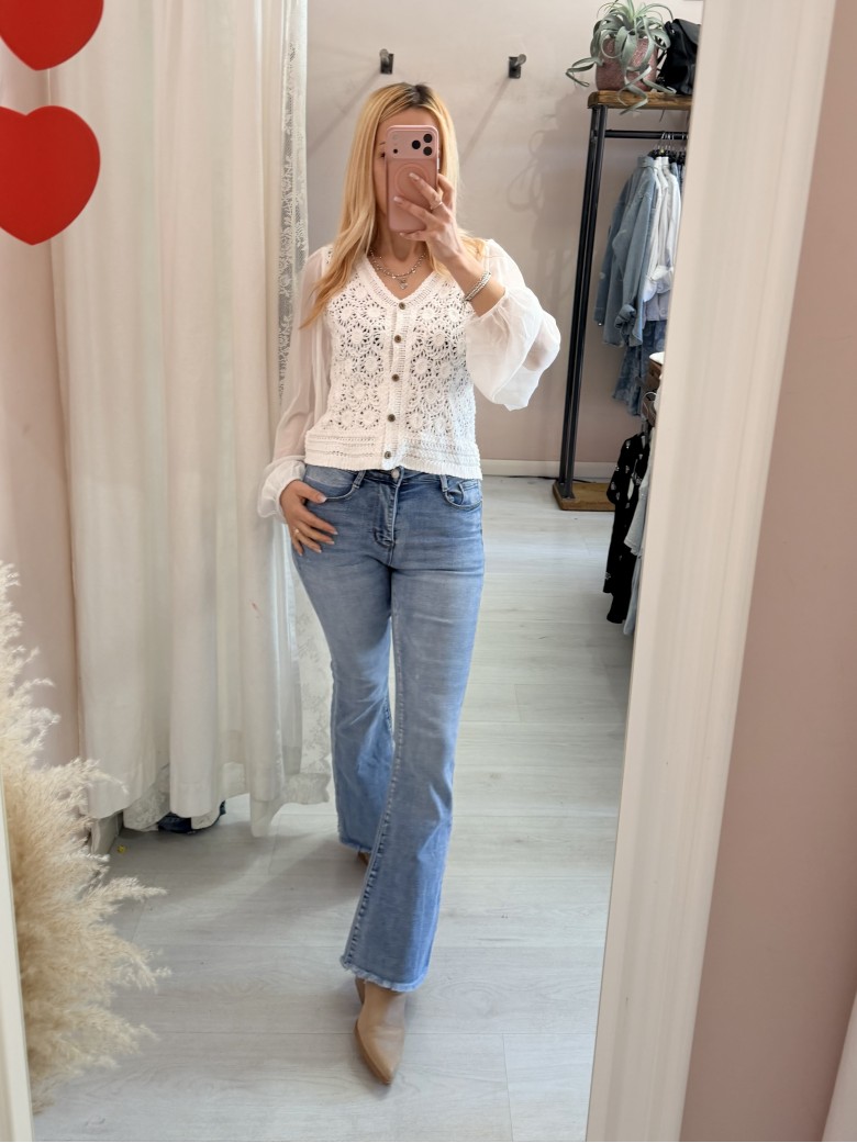 Maglia crochet maniche velate bianca